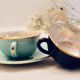 6 multicolored cups and saucers, pearly interior