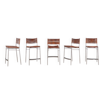 Lot de 5 tabourets de bar « Miss B » en acier inoxydable brossé par Tito Agnoli
