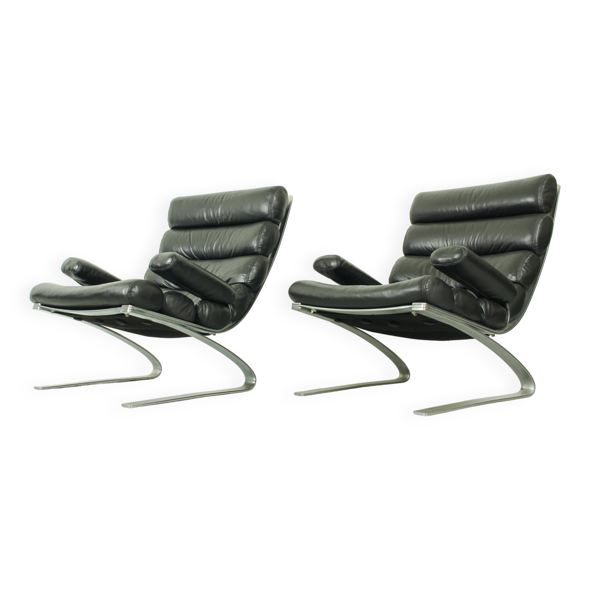 Set of 2 Sinus armchairs in black leather, COR Germany, 1970s