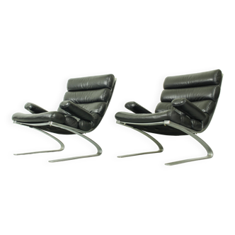 Set of 2 Black Leather Sinus lounge chairs, COR Germany, 1970s