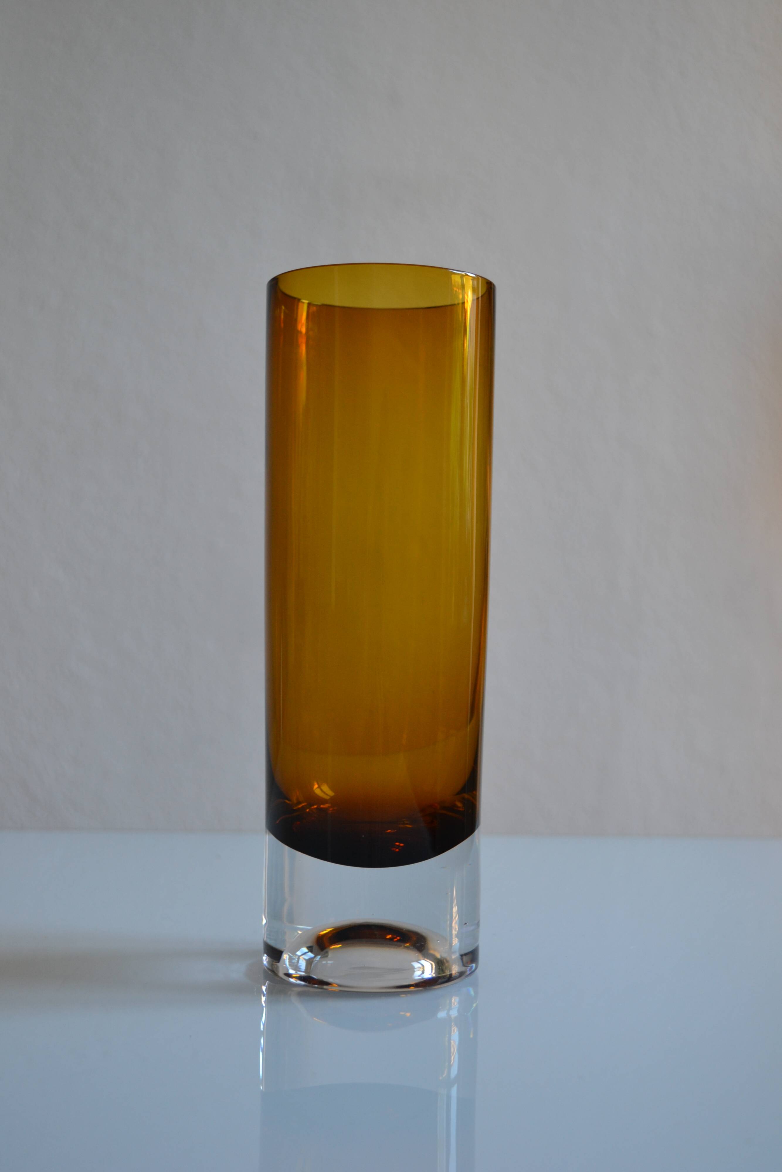Vintage 70s 1970s roll vase, two-tone amber blown glass
