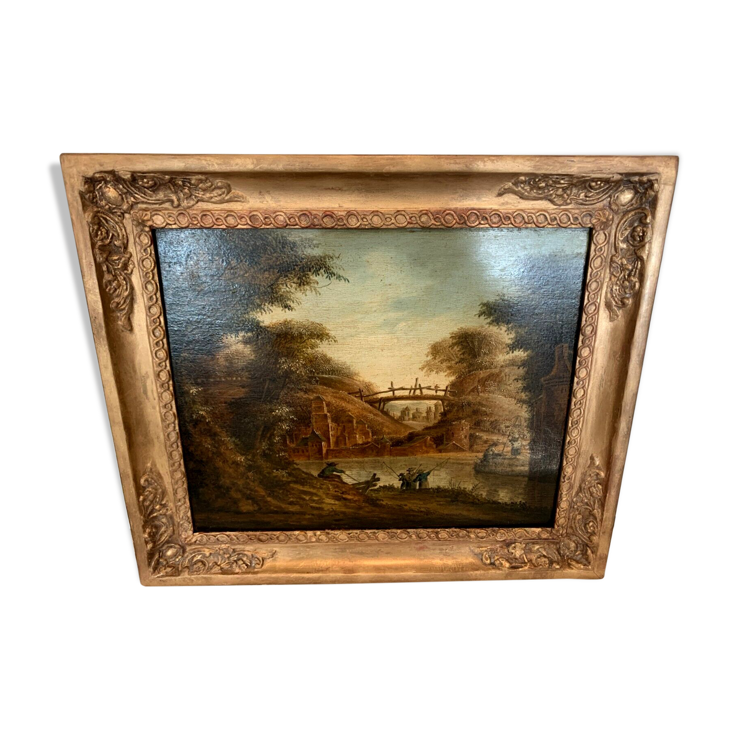 Oil on oak panel animated landscape xix century
