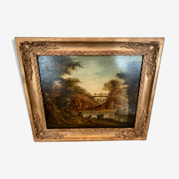 Oil on oak panel animated landscape xix century
