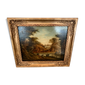 Oil on oak panel animated landscape xix century