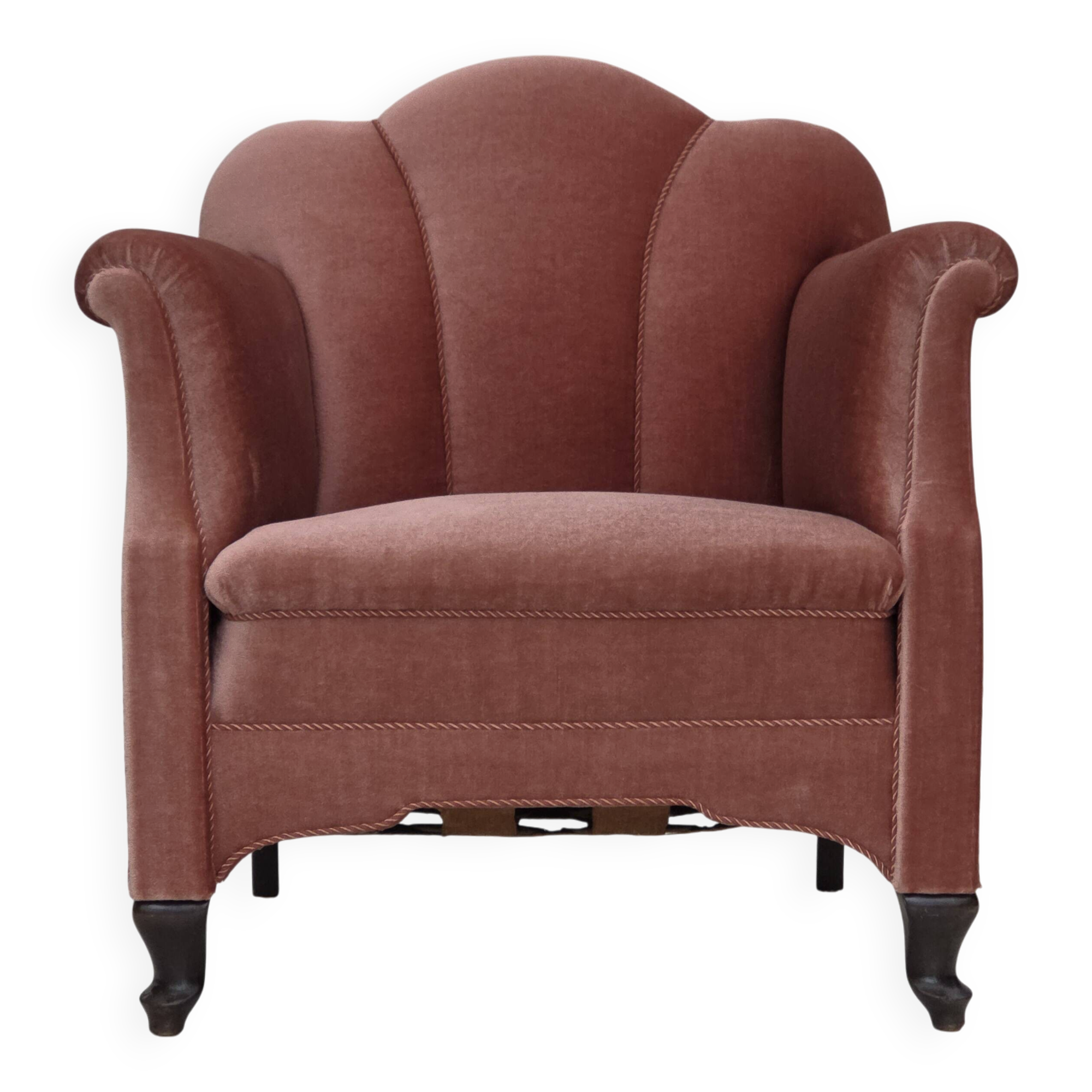 1950s, Danish armchair, salmon pink furniture velour, oak wood.