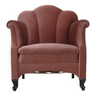 1950s, Danish armchair, salmon pink furniture velour, oak wood.