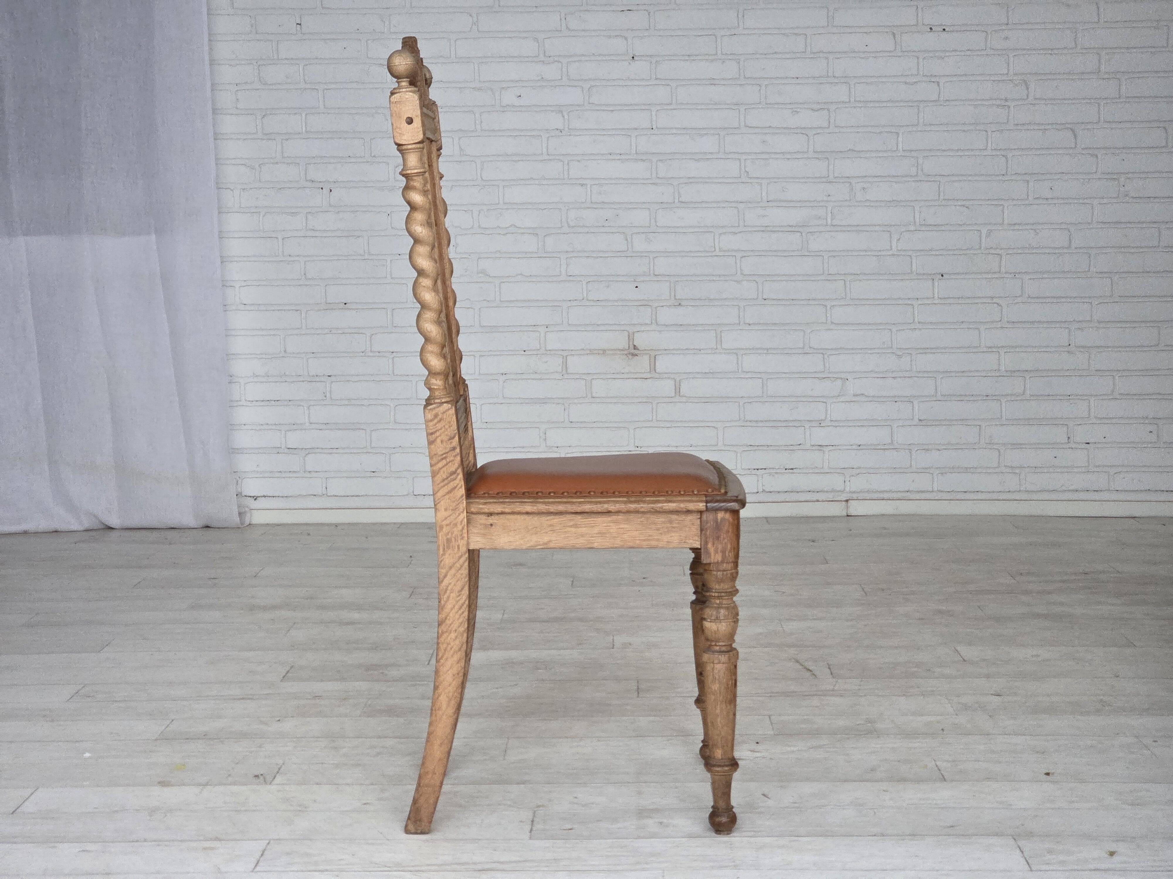 1930s, set of 4 Danish dining chairs, carved oak wood, furniture leather.