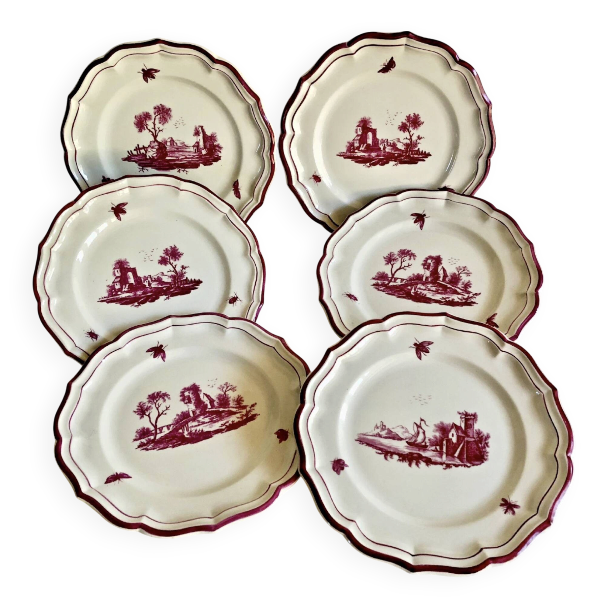6 old flat table plates, Gien earthenware, pink landscape model.