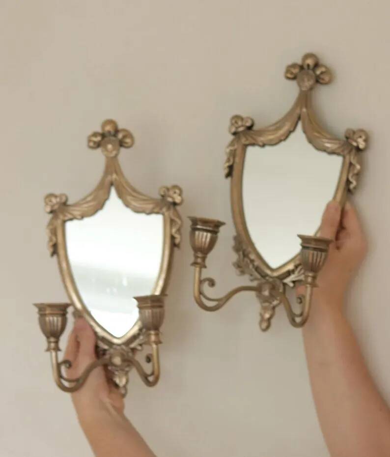 Pair of Vintage Double Arm Italian Brass Sconces with Mirror