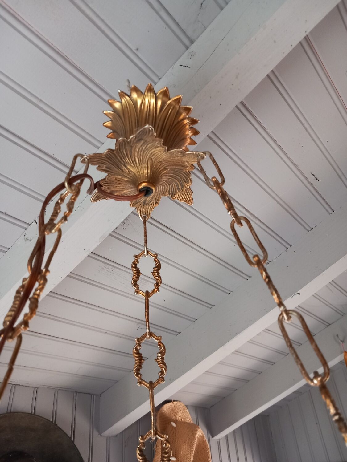 Old white opaline chandelier, brass and earthenware