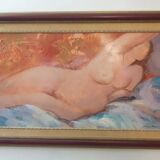 Peinture à l'huile vintage représentant une femme nue allongée du XXe siècle