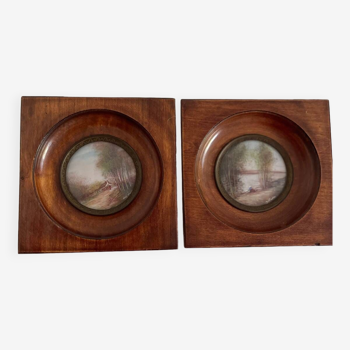 Lot of two miniatures (handmade reproductions) of Corot's landscapes