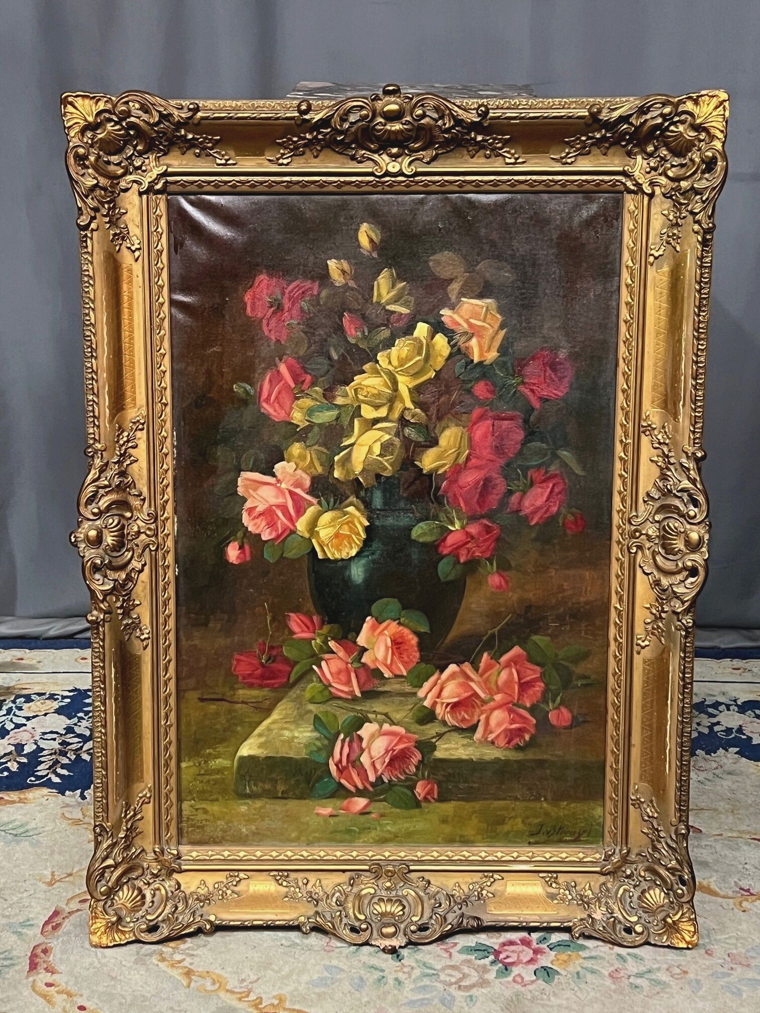 Old still life signed with roses.
