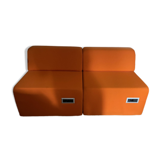 Pair of Barcelona airport 2000 Esay Jet orange fireside chairs. Nickel condition