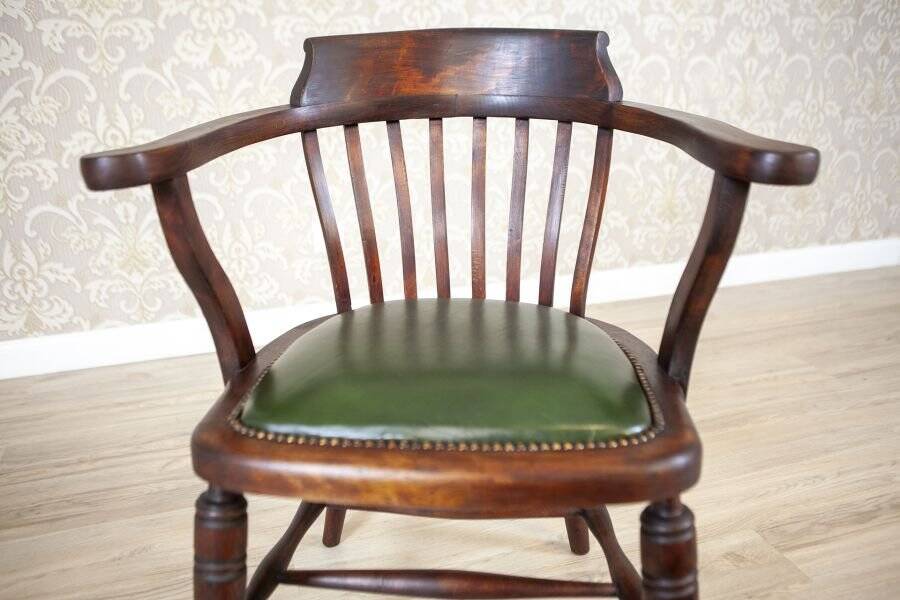Early-20th Century Beech Desk Chair with Leather Seat, 1950s