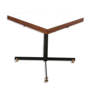 Table à manger vintage extensible en teck et formica blanc avec piédestal en métal, italie années 1950