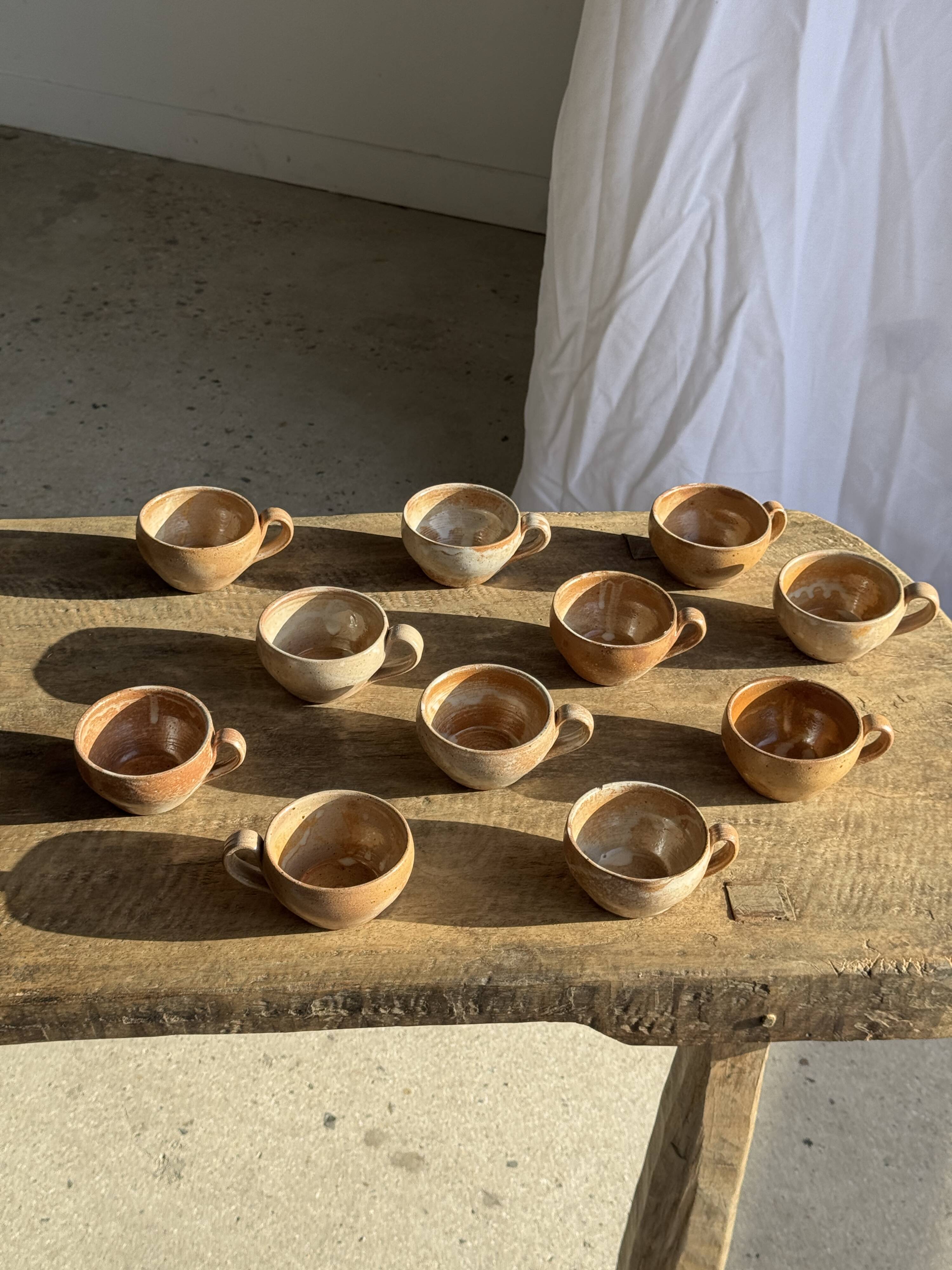 Set of 11 vintage coffee cups, raw matte stoneware H11