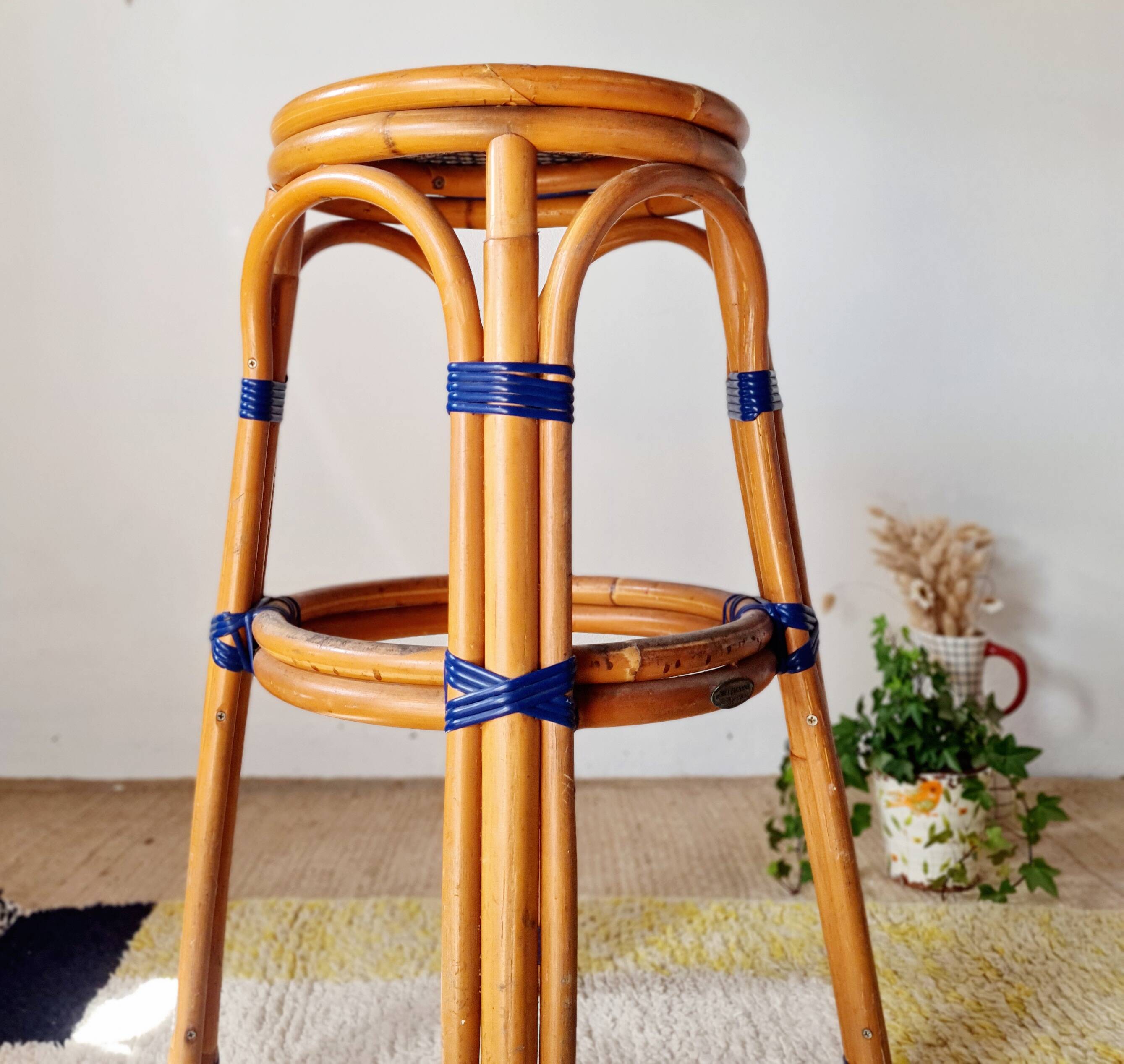 Vintage high stool Multicanne - Rattan & blue Rilsan - French