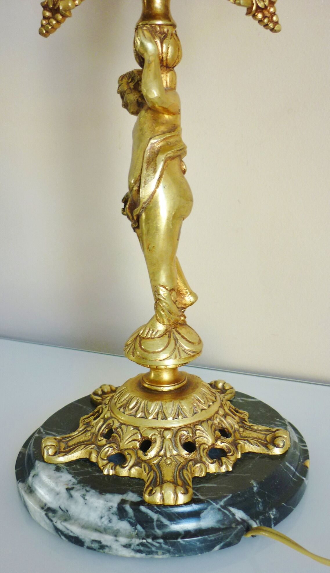 Candelabra, 6-pointed candlestick, marble, bronze, putti decoration, putto