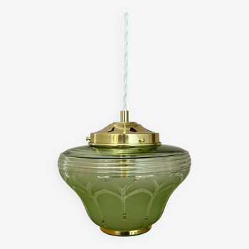 Vintage art deco globe pendant light in green and gold frosted glass