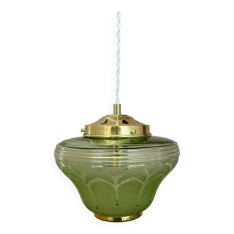 Vintage art deco globe pendant light in green and gold frosted glass