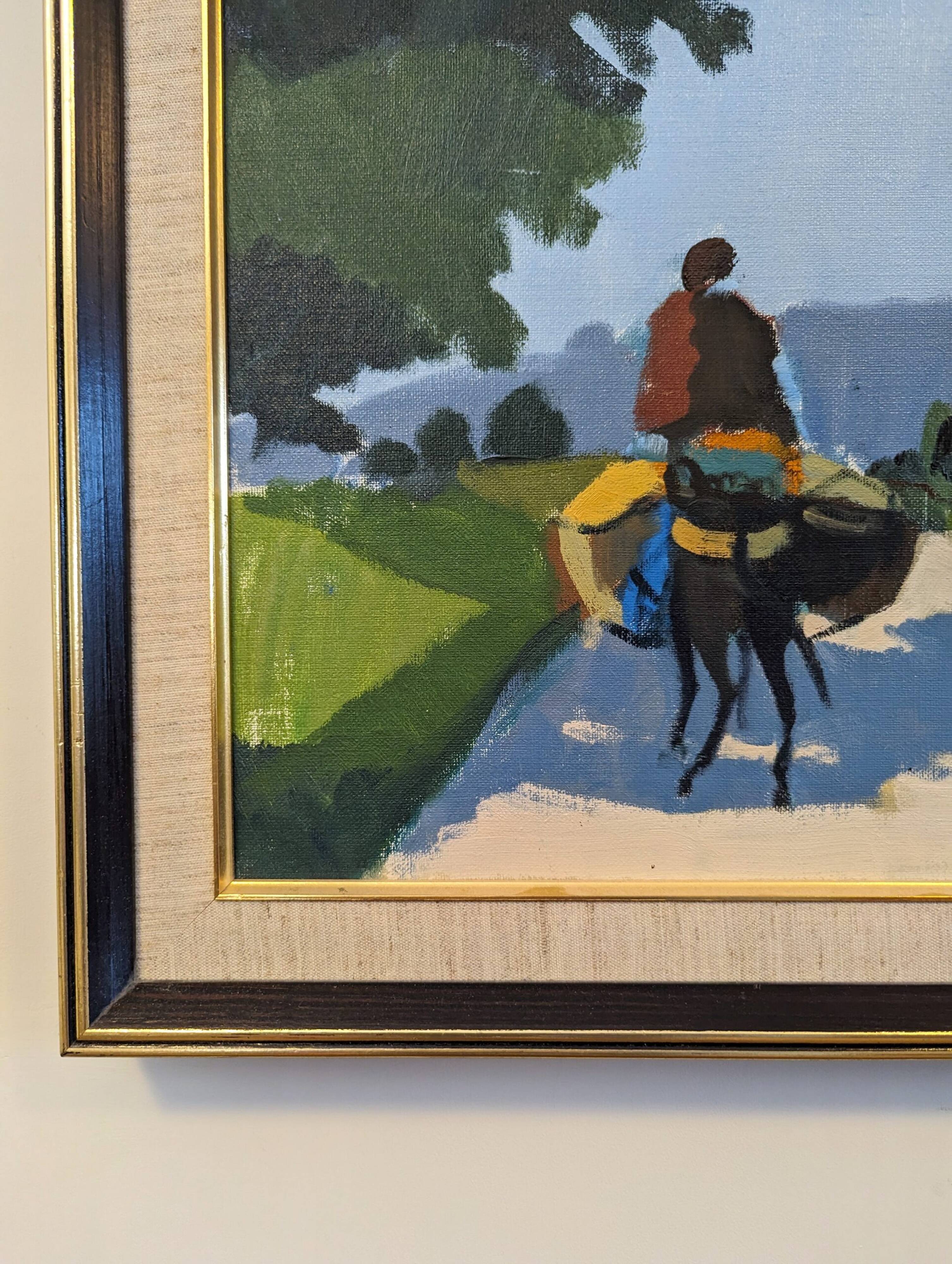 Mid-Century Modern "Rider on the Road" Swedish Vintage Street Scene Oil Painting, Framed