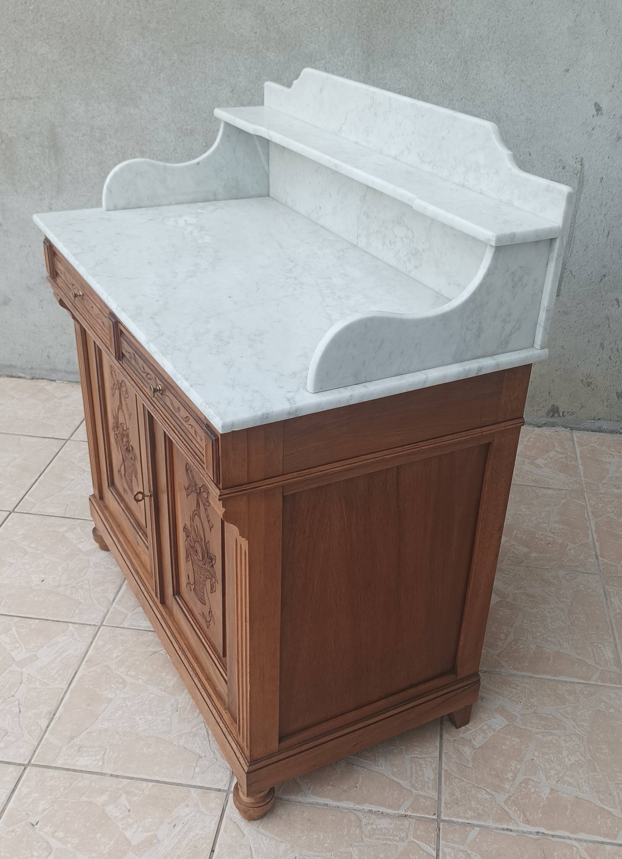 Antique walnut and white marble bathroom cabinet