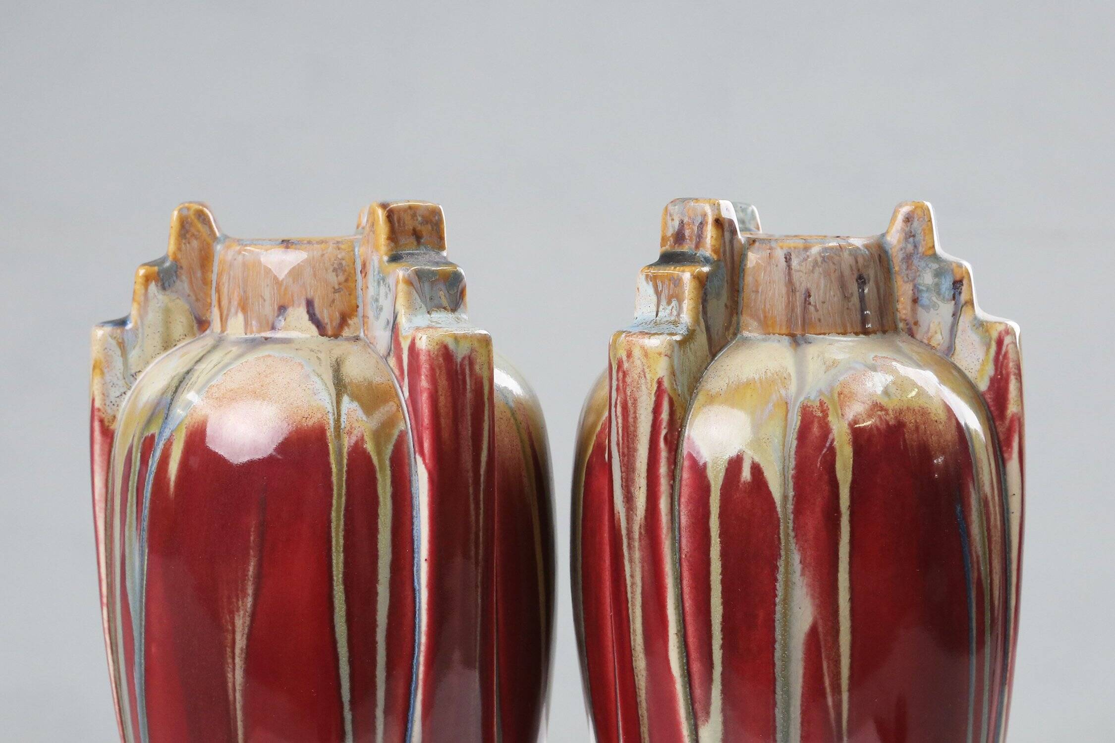 Pair of Sculptural Art Deco Glazed Ceramic Vases, Belgium 1930s