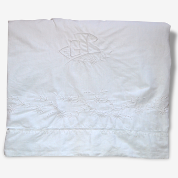 Old linen, embroidered with return, Monogram "GC" flat sheet