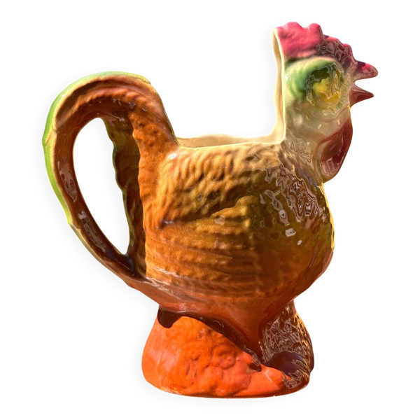 Pichet Carafe Coq Zoomorphe Vintage en Ceramique Barbotine Broc Coq