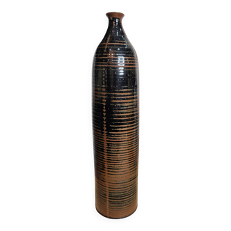 Glazed striped stoneware vase – Brown and black tones – Handmade – 1970s