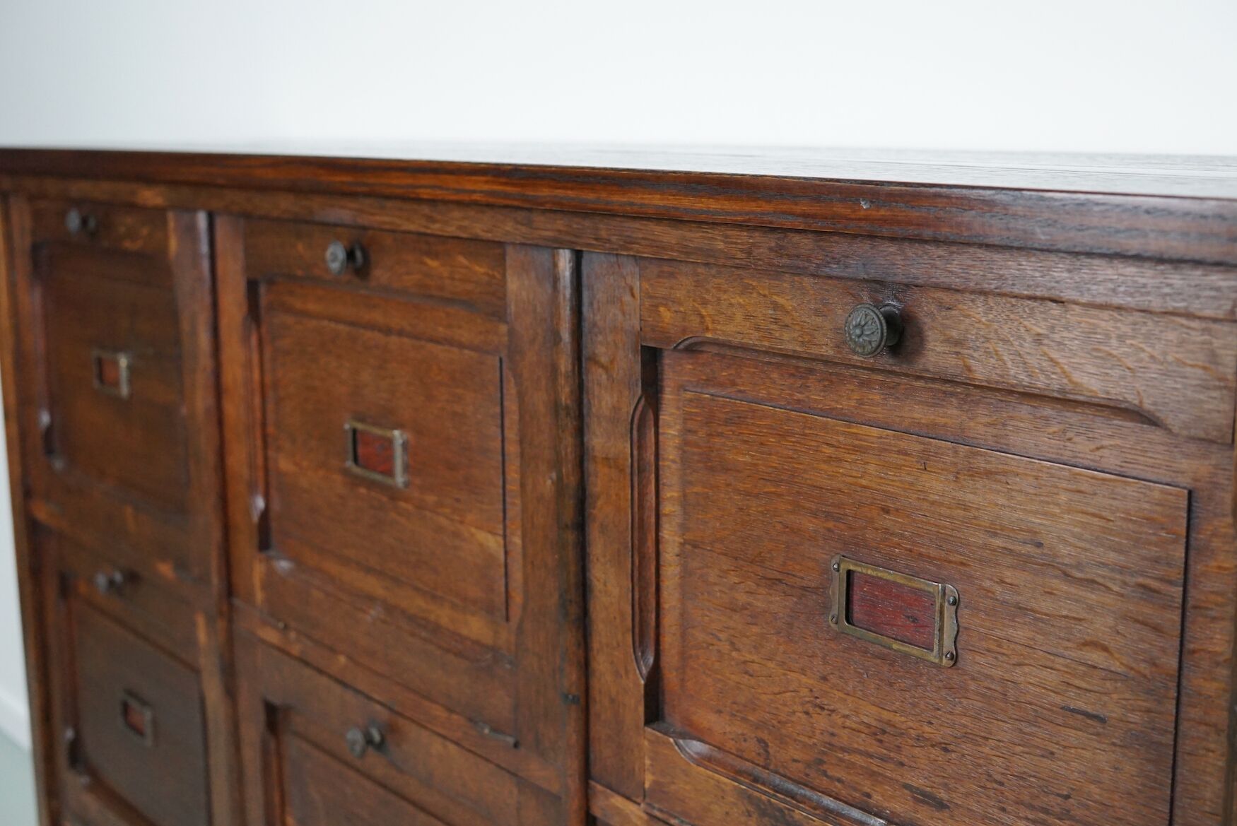 Antique french oak apothecary / filing cabinet folding doors, late 19th century