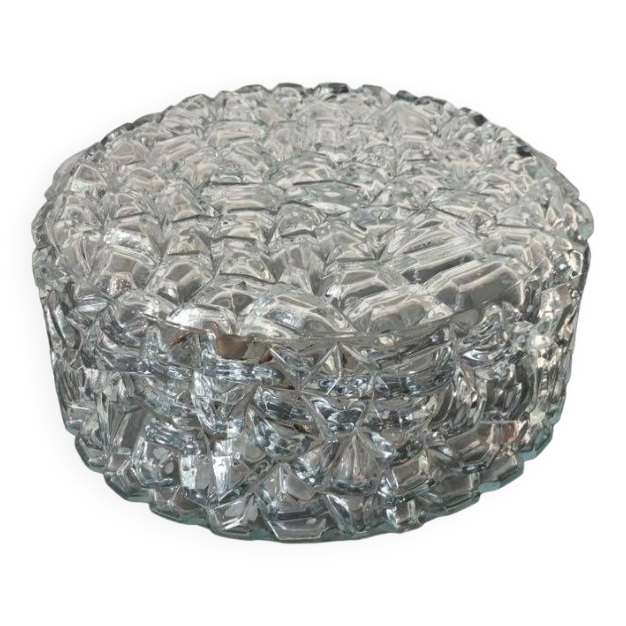 Round ceiling or wall lamp in worked glass. Gray metal support