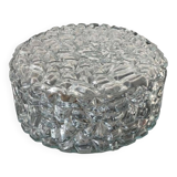 Round ceiling or wall lamp in worked glass. Gray metal support
