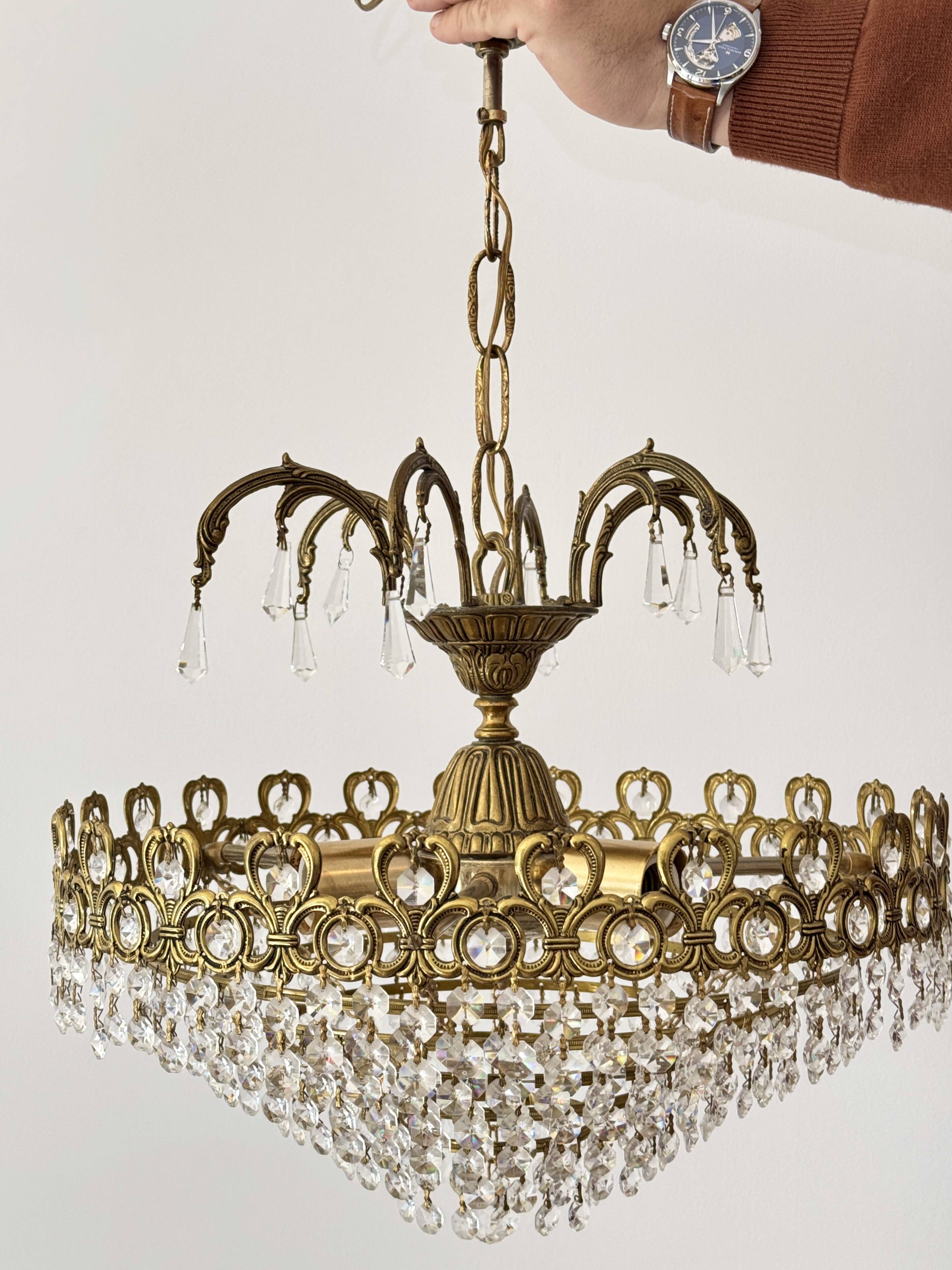 Brass and cut crystal basket chandelier, Empire style.