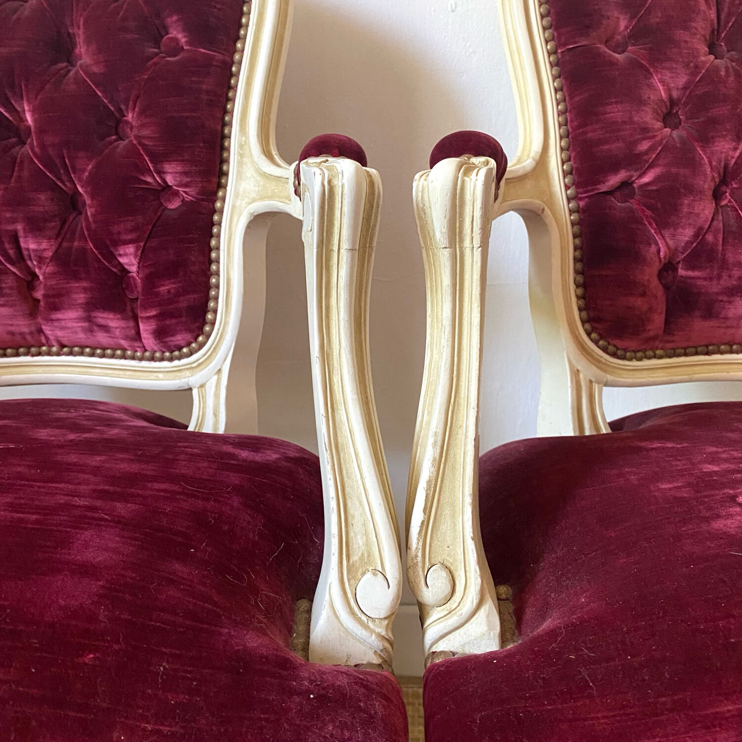 Pair of Louis XV style upholstered velvet armchairs