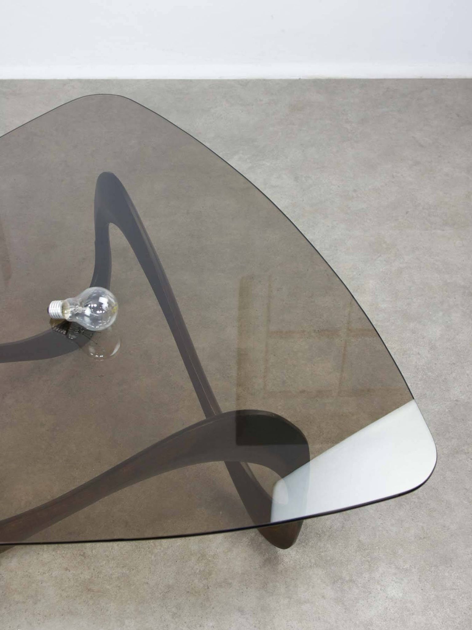 Italian Organic "Snake" Wooden and Smoked Glass Coffee Table, 1960s