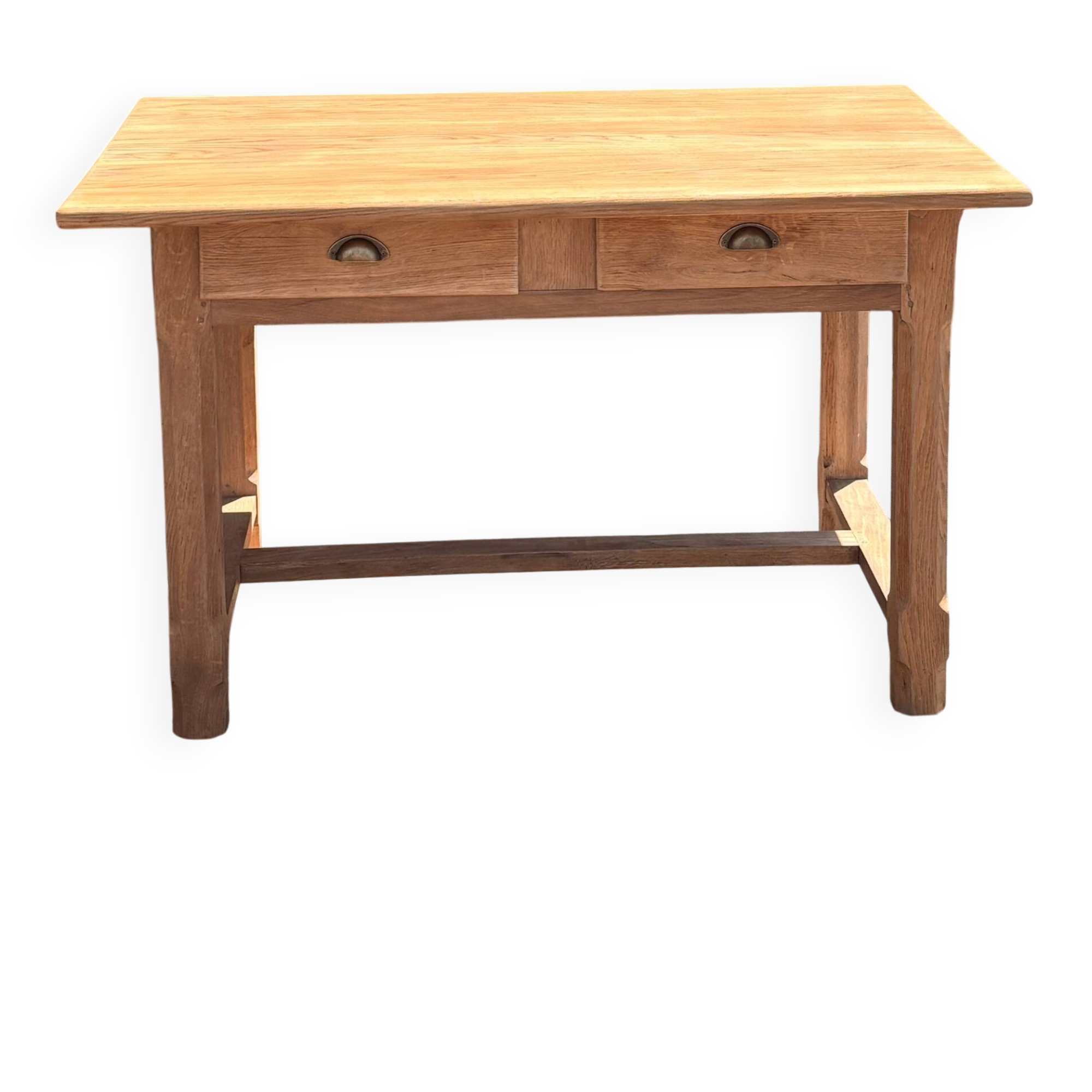 Old farmhouse table in raw solid oak with 2 drawers.