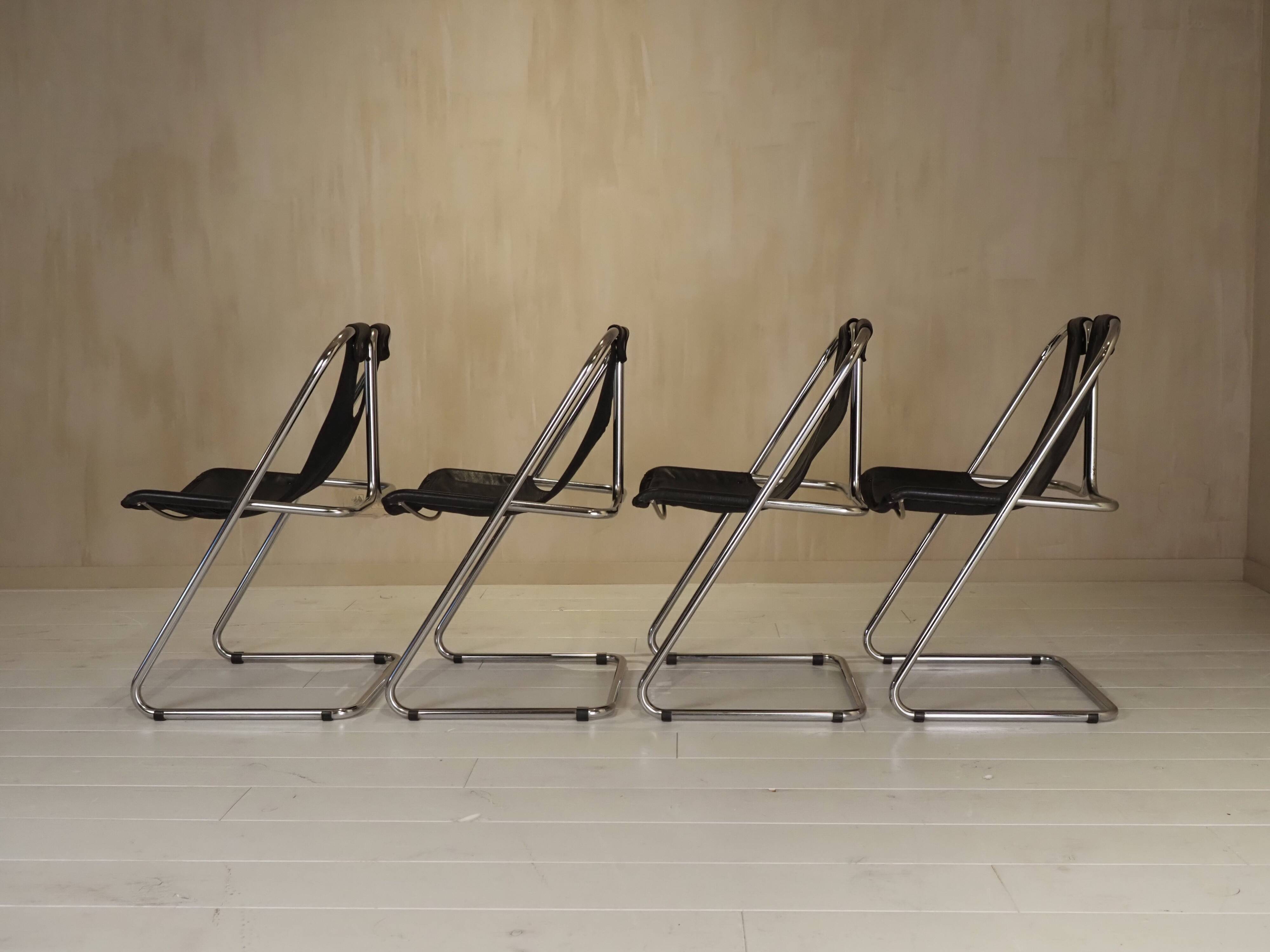 Set of 4 leather and chrome chairs from the 1960s