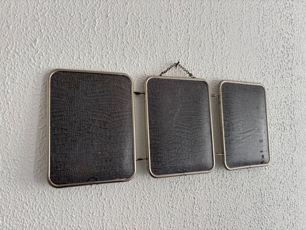 Miroir vintage 1960 triptyque barbier simili crocodile bleu barbeau - 20 x
