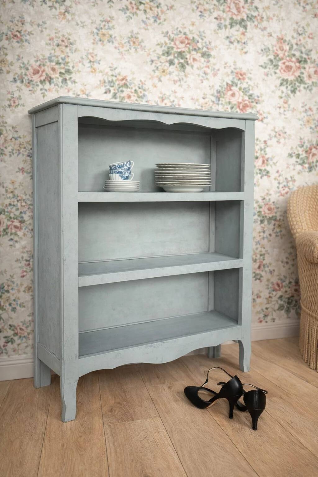 Bibus library, old, made of bluish grey beech, low profile.