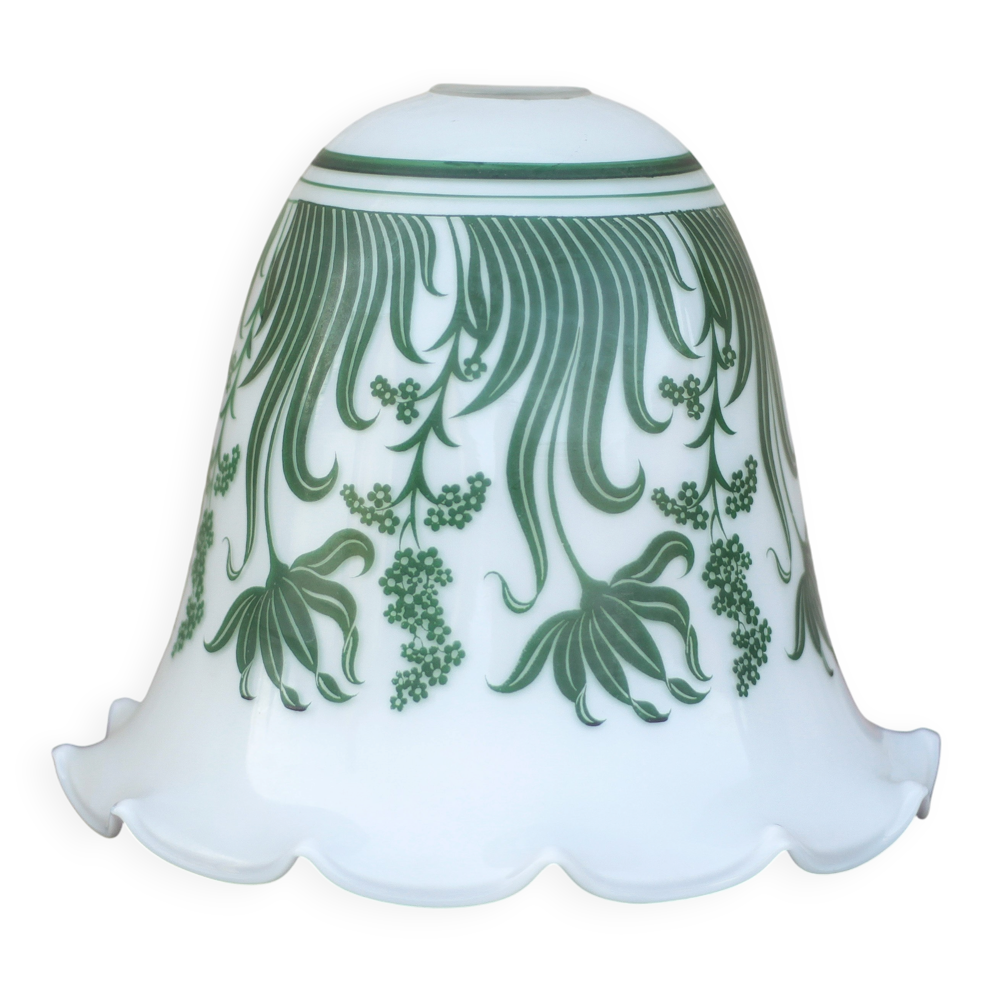 Opaline globe with green flower patterns, bell-shaped lampshade with a corolla.