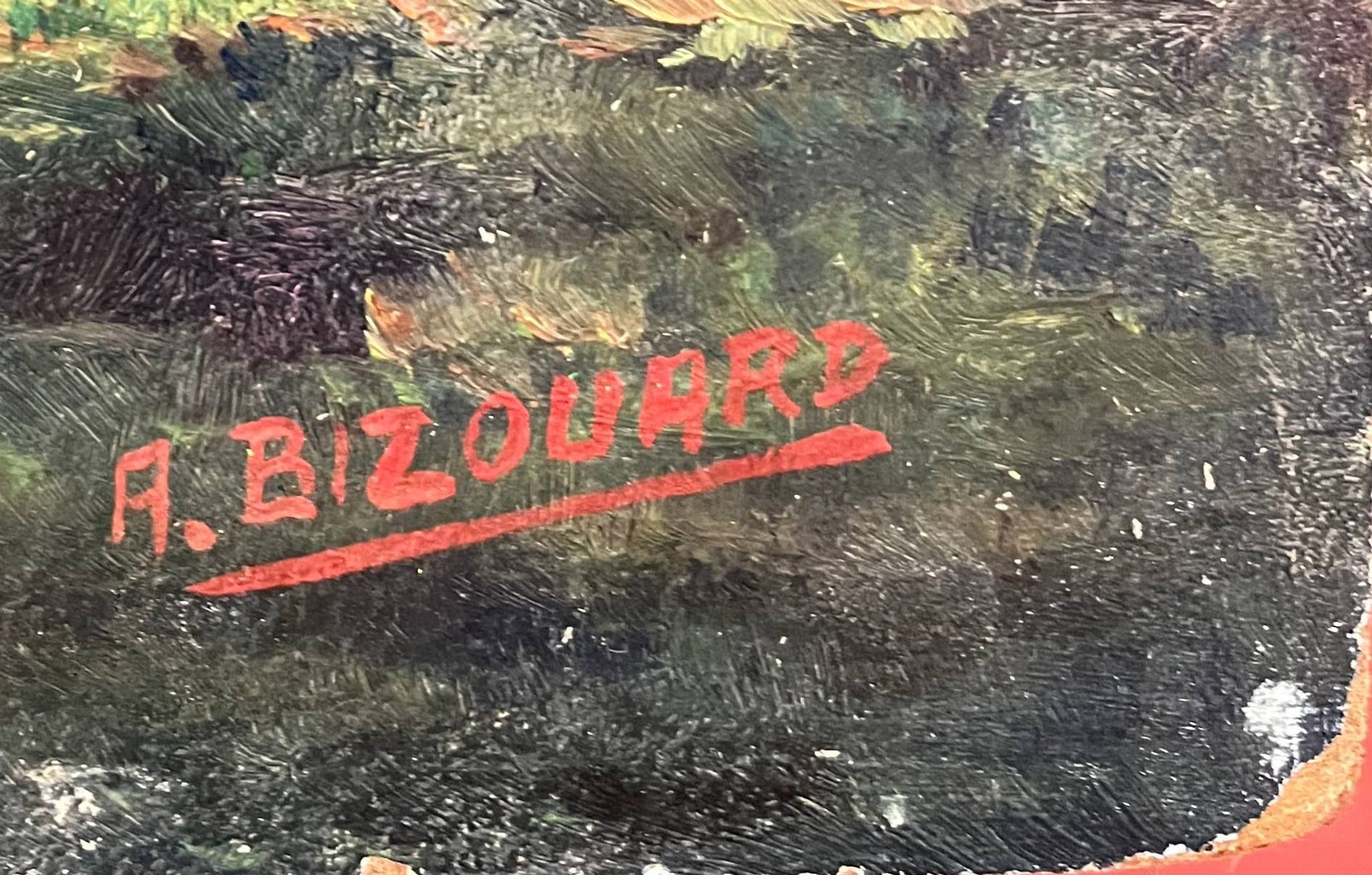 Oil painting on panel "Alpine Landscape with Snow" Mountain signed Bizouard circa 1950