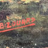 Oil painting on panel "Alpine Landscape with Snow" Mountain signed Bizouard circa 1950