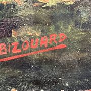 Oil painting on panel "Alpine Landscape with Snow" Mountain signed Bizouard circa 1950