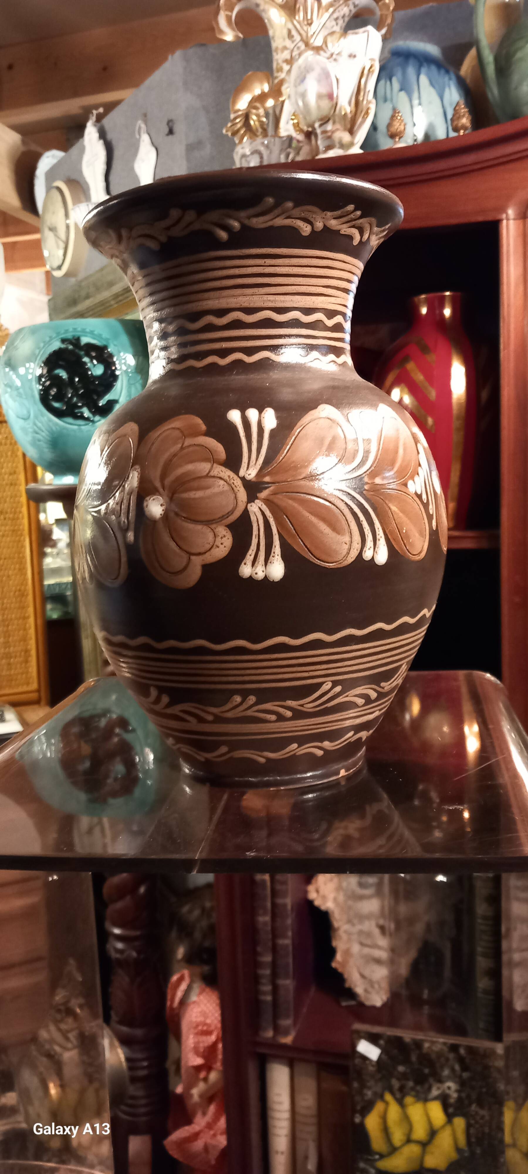 Hungarian pottery vase floral decor brown tone signed mhv