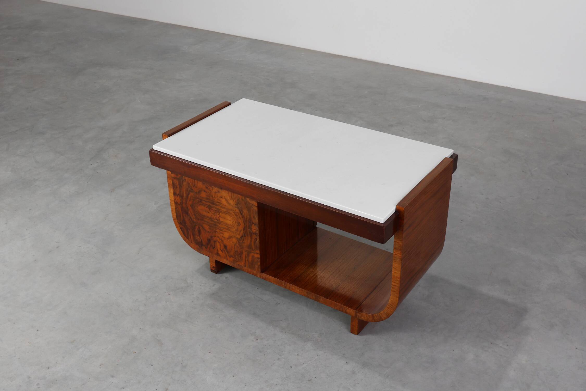 Belgian Art Deco Cabinet in Burl Veneer with Marble and Glass, circa 1930