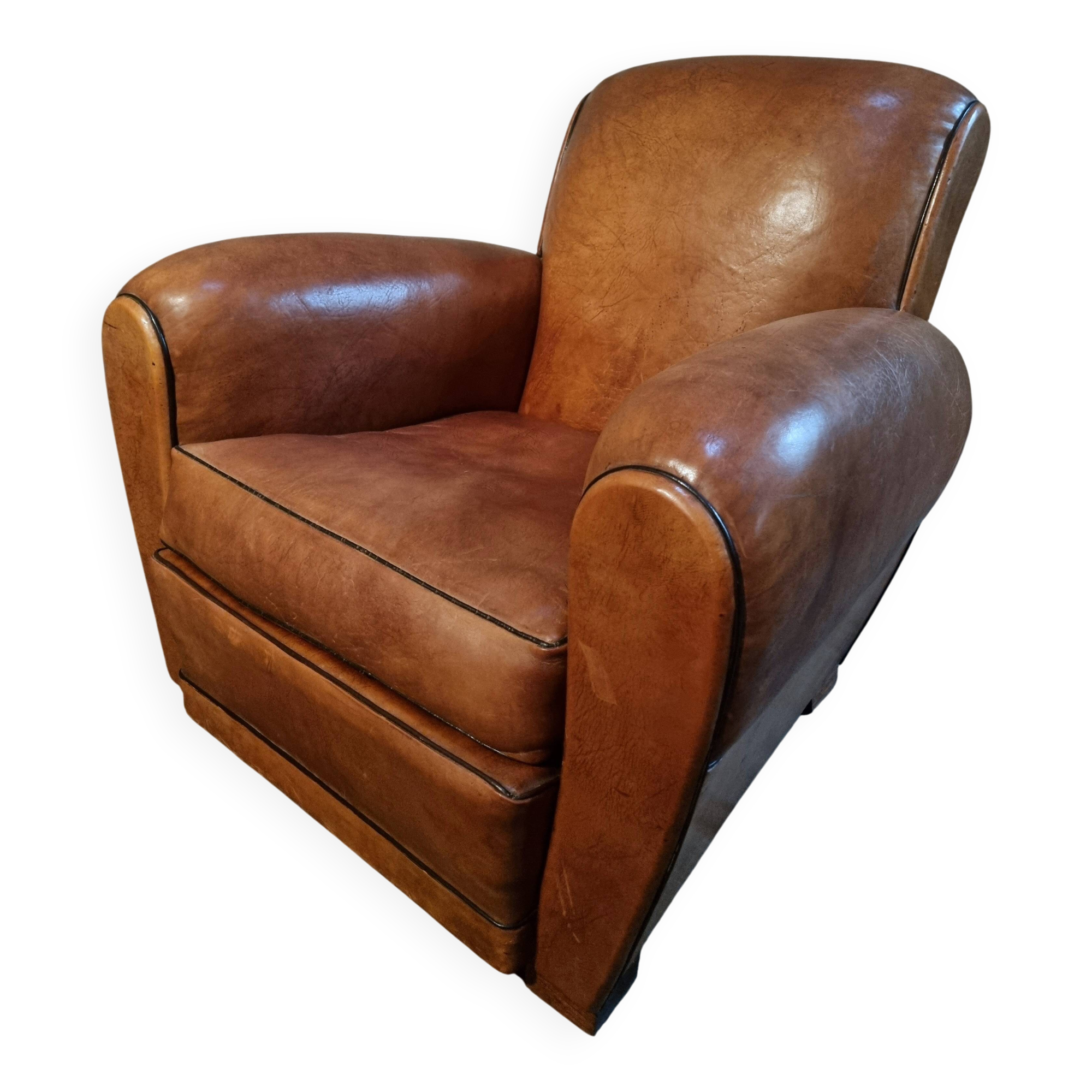 Fauteuil club français vintage en cuir, années 1940–1950 – fauteuil en cuir pleine fleur cognac