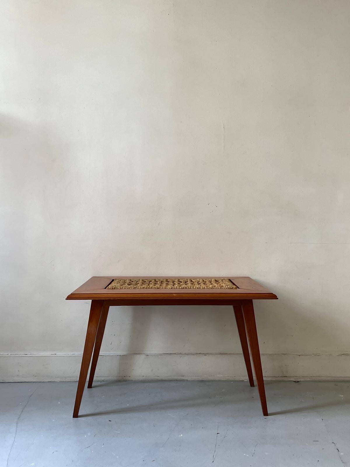 Teak wood coffee table with braided rope, Audoux-Minet 1950