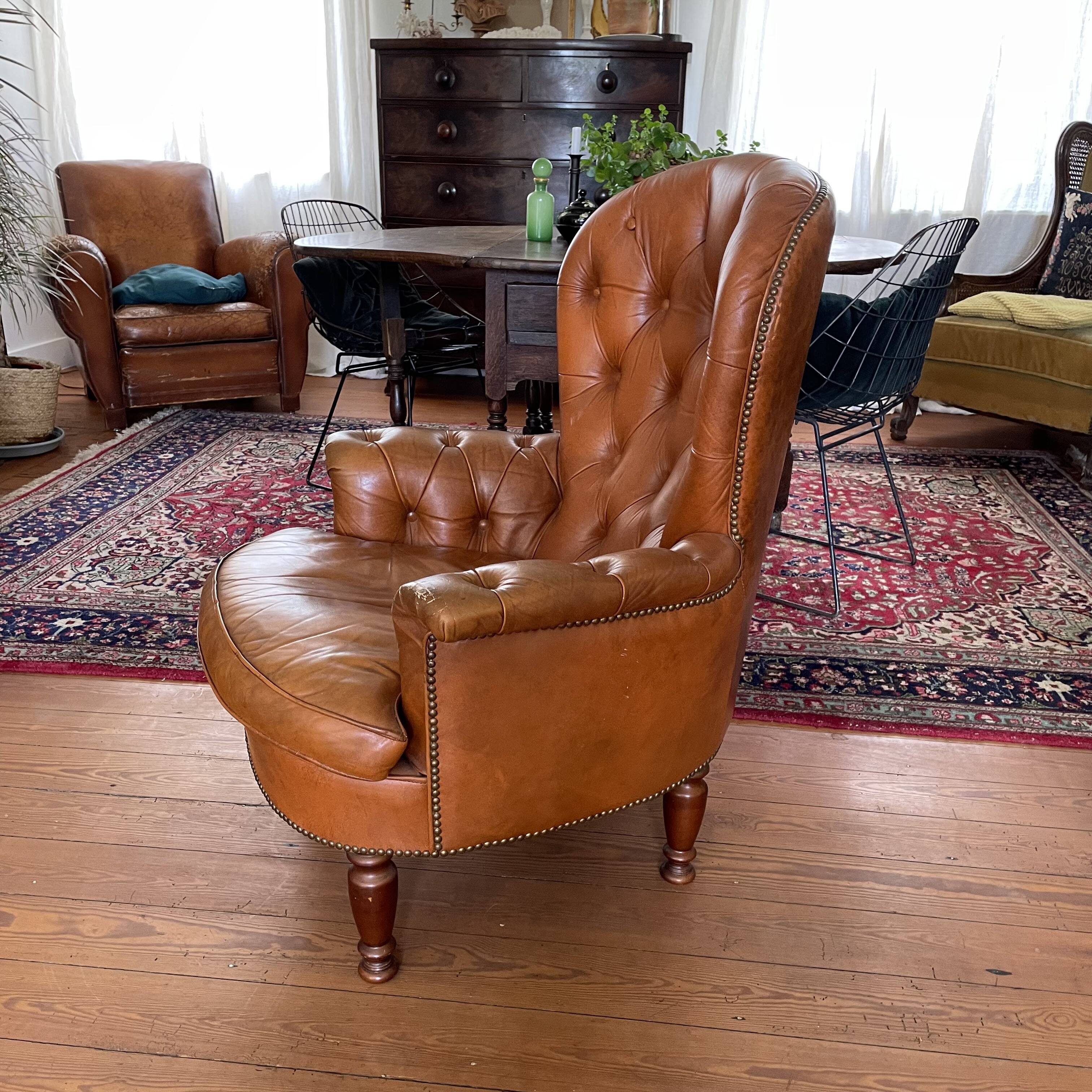 Chesterfield style cognac leather armchair